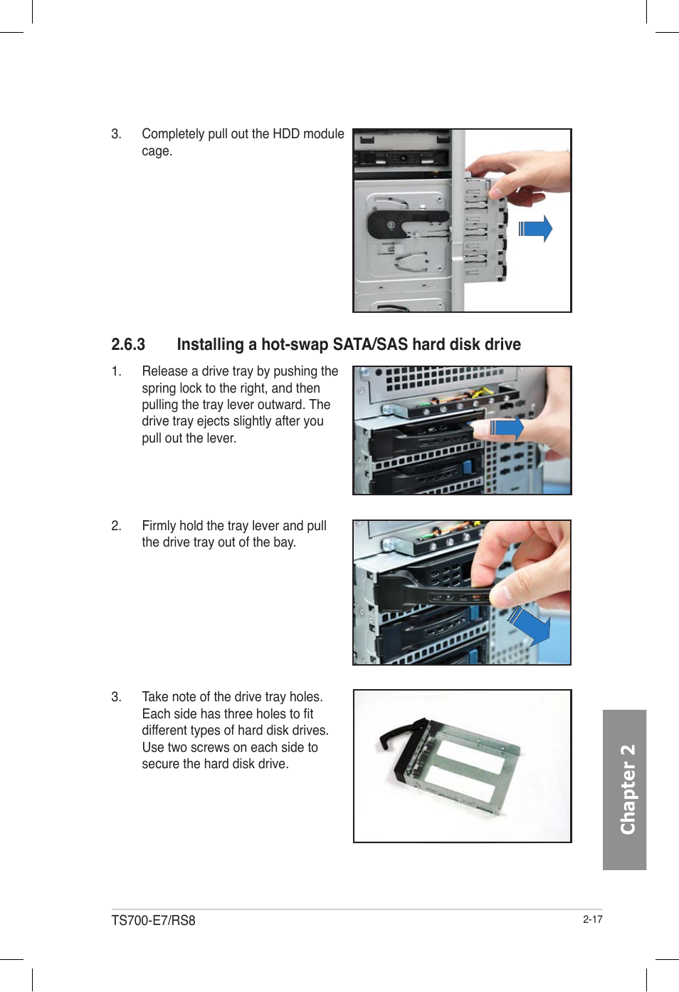 3 installing a hot-swap sata/sas hard disk drive, Installing a hot-swap sata/sas hard disk drive -17, Chapter 2 | Asus TS700-E7/RS8 User Manual | Page 37 / 198