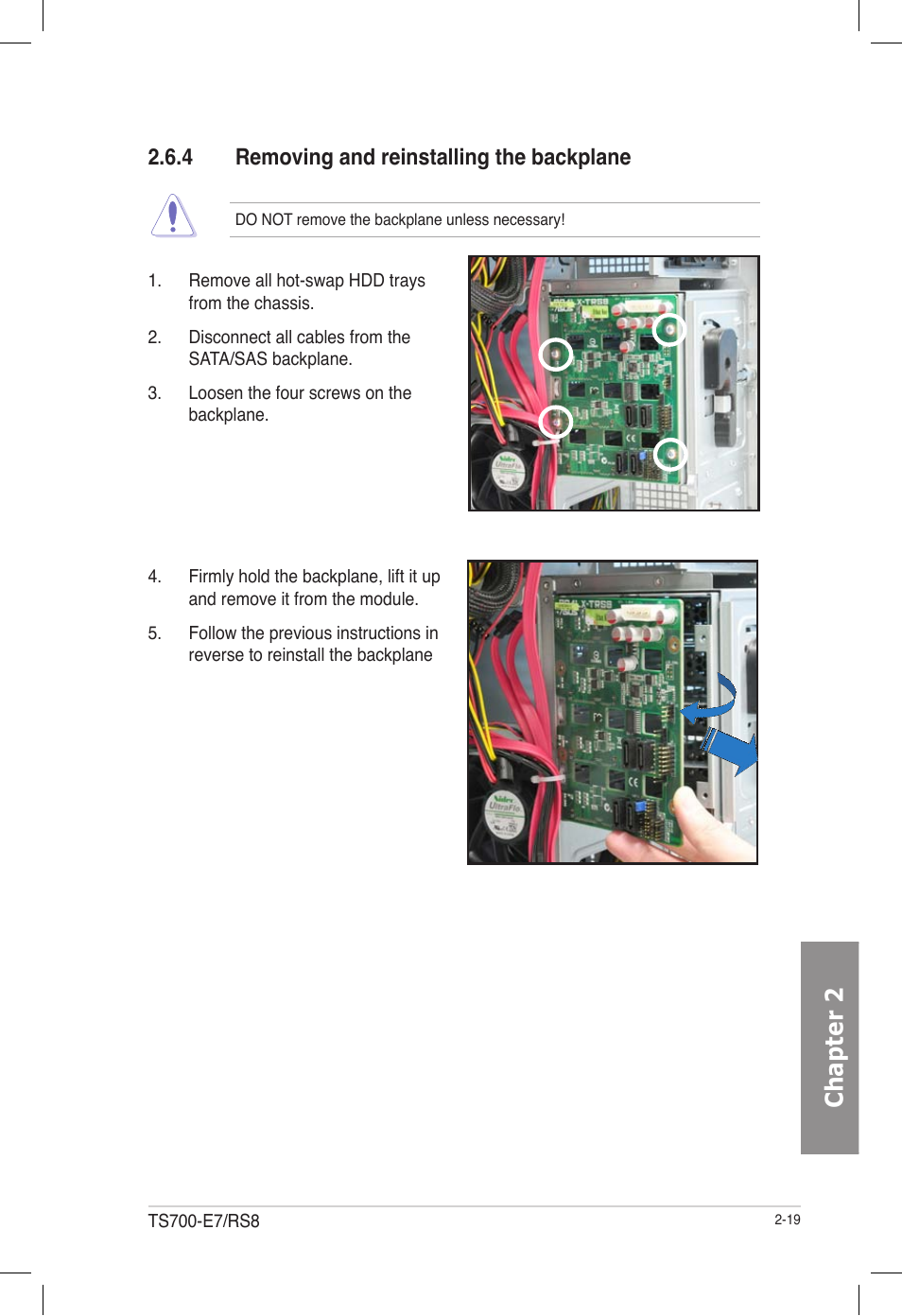 4 removing and reinstalling the backplane, Removing and reinstalling the backplane -19, Chapter 2 | Asus TS700-E7/RS8 User Manual | Page 39 / 198