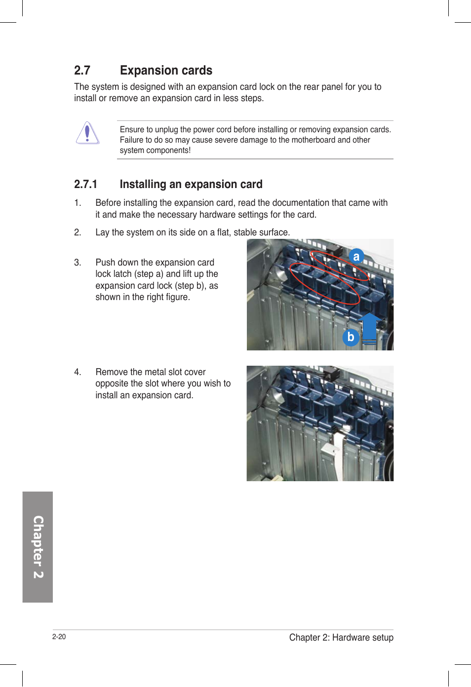 7 expansion cards, 1 installing an expansion card, Expansion cards -20 2.7.1 | Installing an expansion card -20, Chapter 2 2.7 expansion cards | Asus TS700-E7/RS8 User Manual | Page 40 / 198