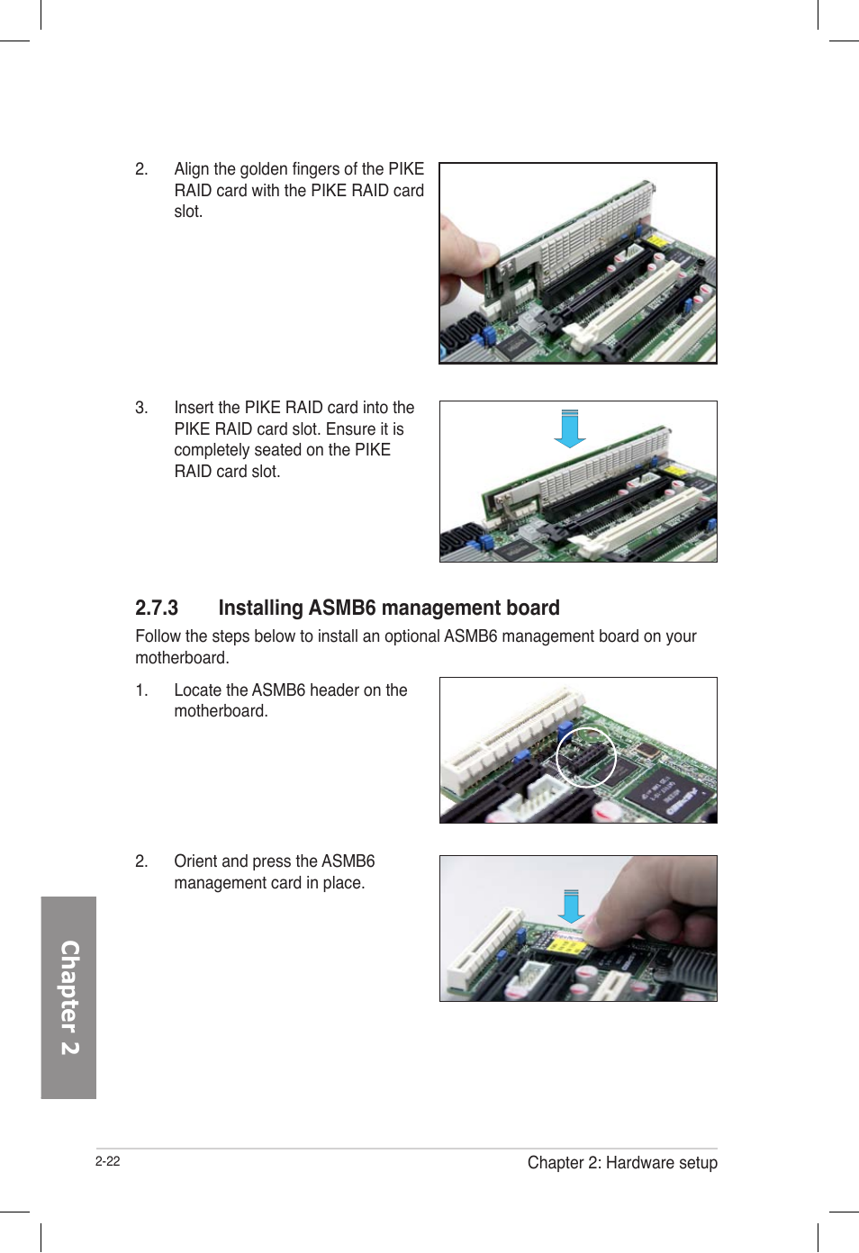 3 installing asmb6 management board, Installing asmb6 management board -22, Chapter 2 | Asus TS700-E7/RS8 User Manual | Page 42 / 198