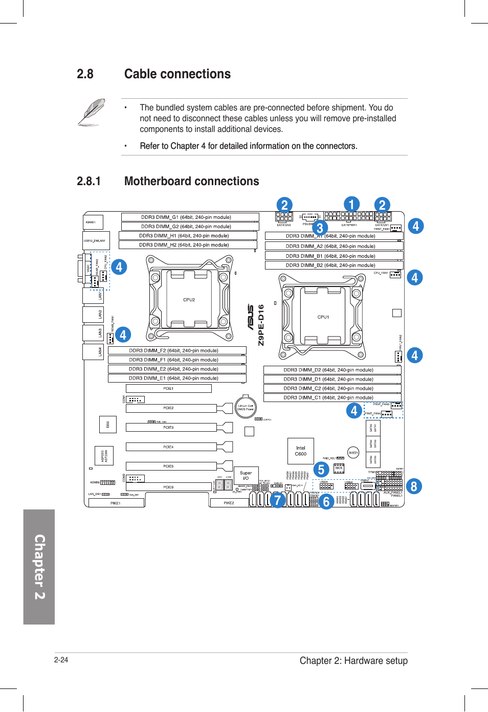 8 cable connections, 1 motherboard connections, Cable connections -24 2.8.1 | Motherboard connections -24 | Asus TS700-E7/RS8 User Manual | Page 44 / 198