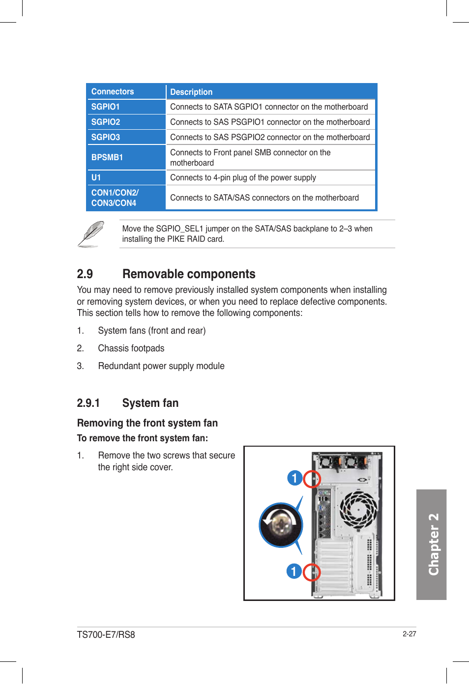 9 removable components, 1 system fan, Removable components -27 2.9.1 | System fan -27, Chapter 2 | Asus TS700-E7/RS8 User Manual | Page 47 / 198