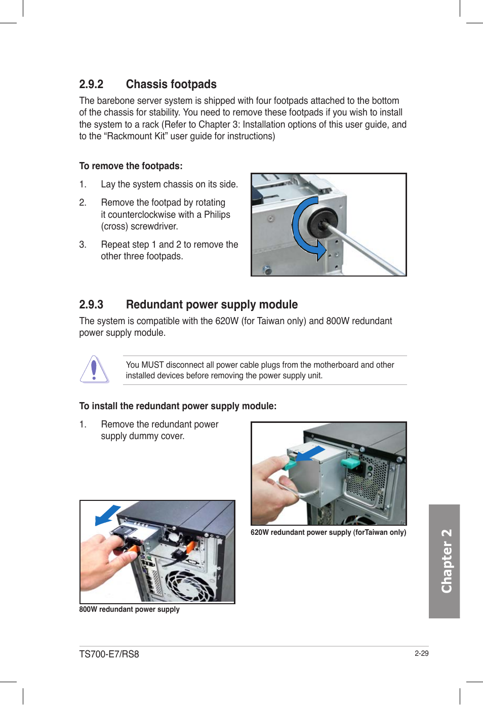 2 chassis footpads, 3 redundant power supply module, Chassis footpads -29 | Redundant power supply module -29, Chapter 2 | Asus TS700-E7/RS8 User Manual | Page 49 / 198