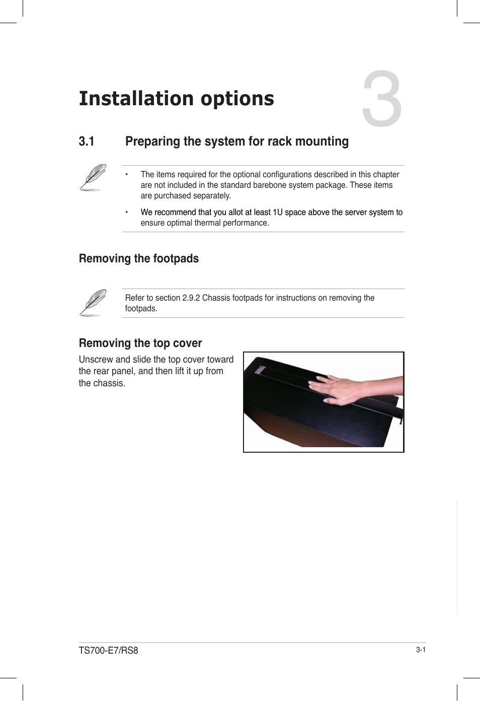 Installation options, 1 preparing the system for rack mounting, Removing the footpads | Removing the top cover | Asus TS700-E7/RS8 User Manual | Page 53 / 198