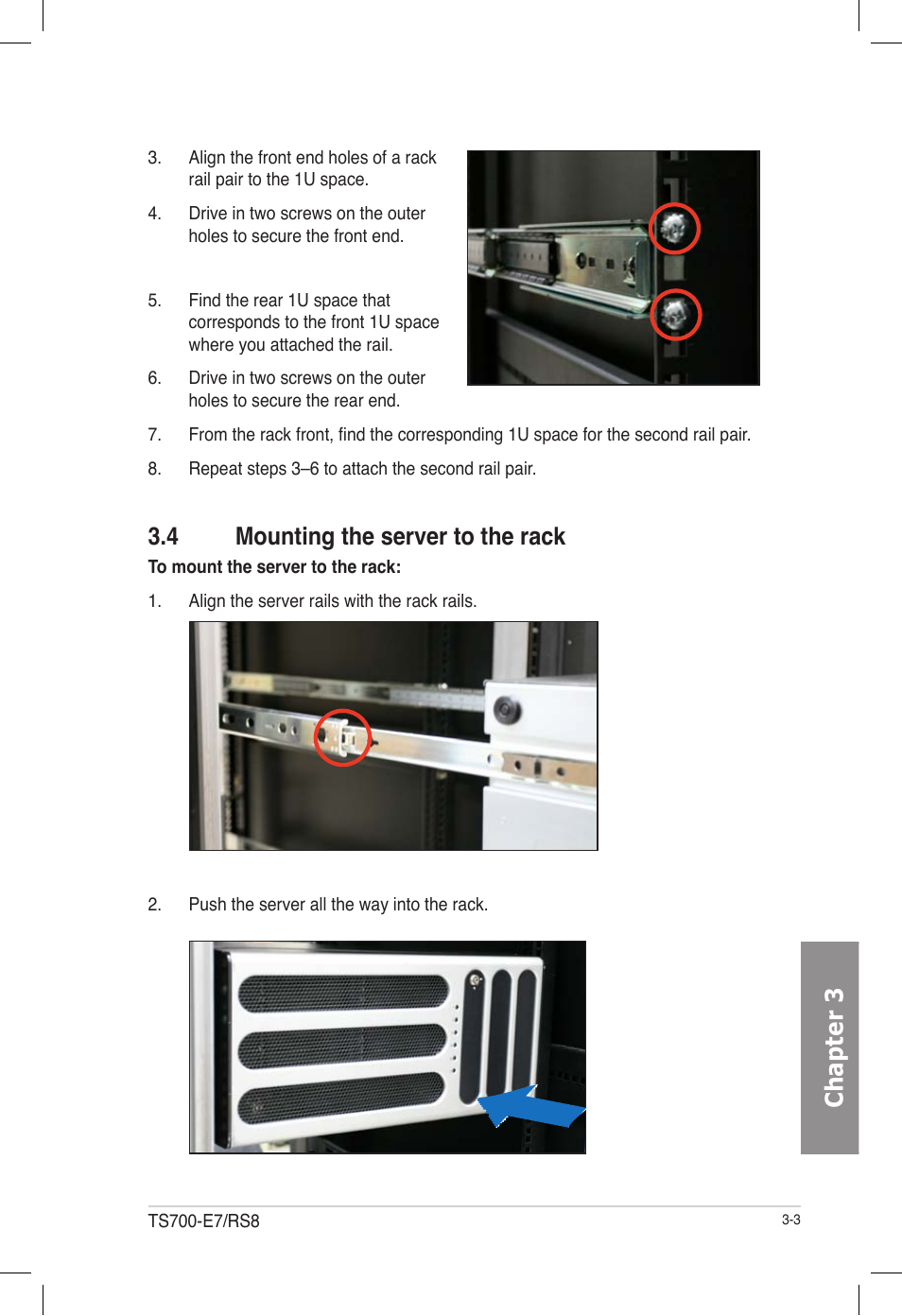 4 mounting the server to the rack, Mounting the server to the rack -3, Chapter 3 | Asus TS700-E7/RS8 User Manual | Page 55 / 198