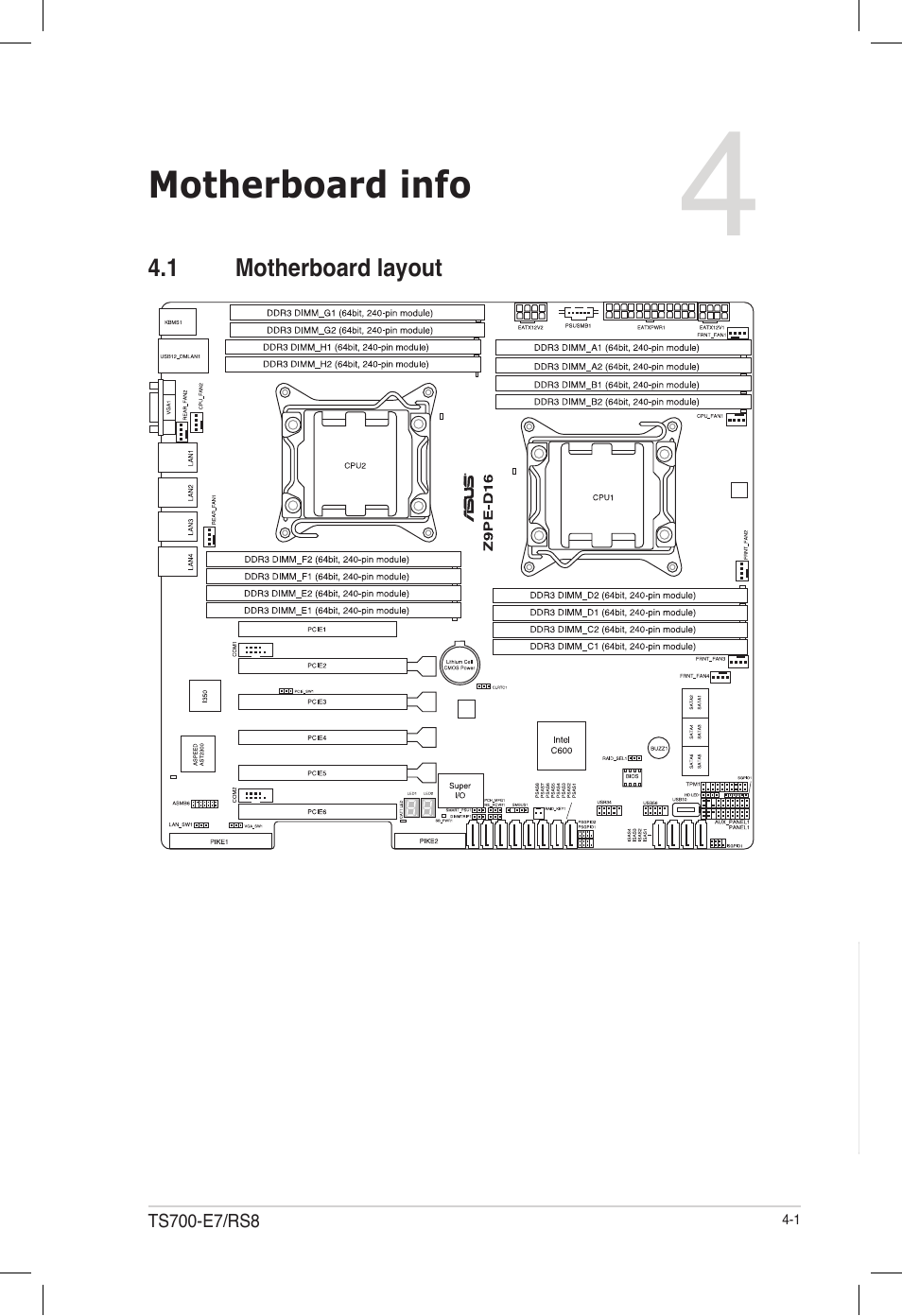 Motherboard info, 1 motherboard layout, Motherboard layout -1 | Asus TS700-E7/RS8 User Manual | Page 57 / 198