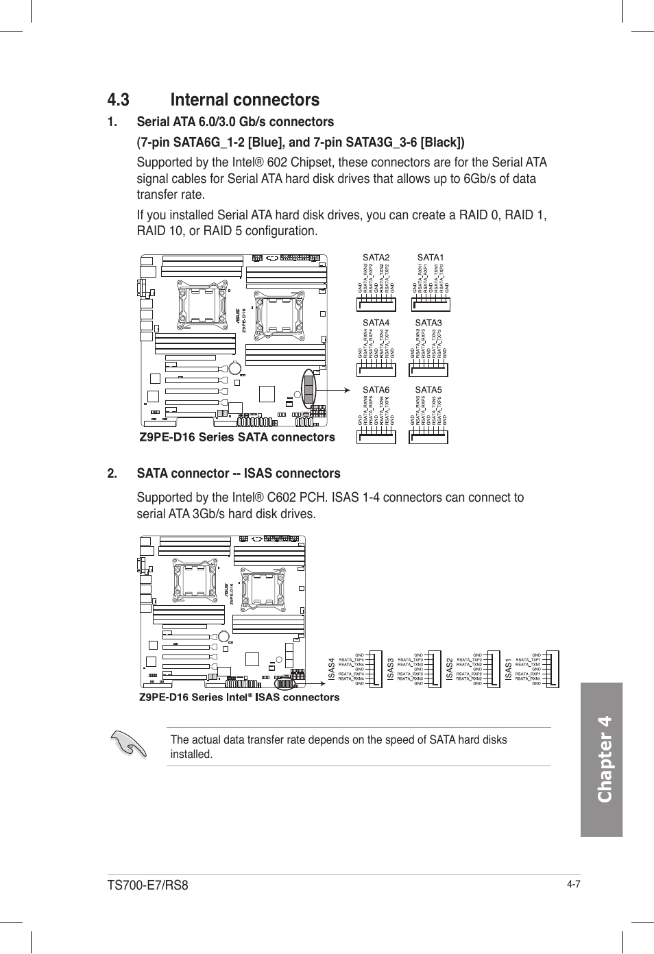 3 internal connectors, Internal connectors -7, Chapter 4 4.3 internal connectors | Asus TS700-E7/RS8 User Manual | Page 63 / 198