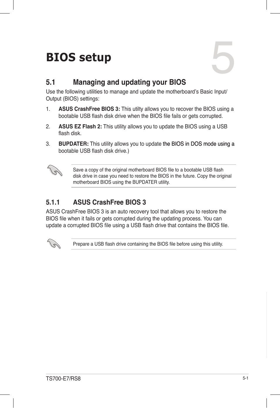 Bios setup, 1 managing and updating your bios, 1 asus crashfree bios 3 | Managing and updating your bios -1 5.1.1, Asus crashfree bios 3 -1 | Asus TS700-E7/RS8 User Manual | Page 71 / 198