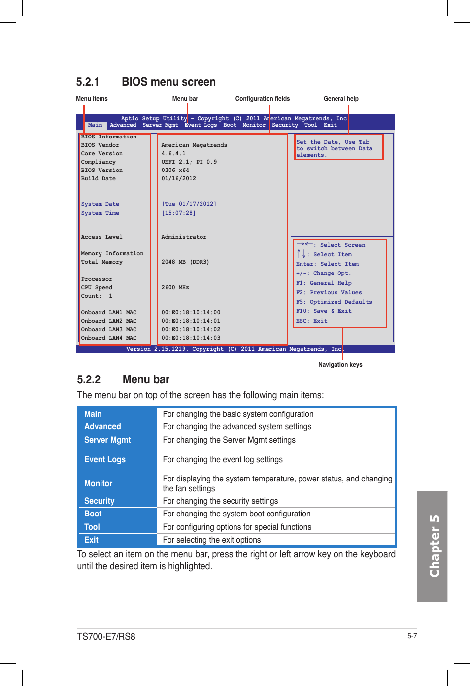 1 bios menu screen, 2 menu bar, Bios menu screen -7 | Menu bar -7, Chapter 5, 1 bios menu screen 5.2.2 menu bar | Asus TS700-E7/RS8 User Manual | Page 77 / 198