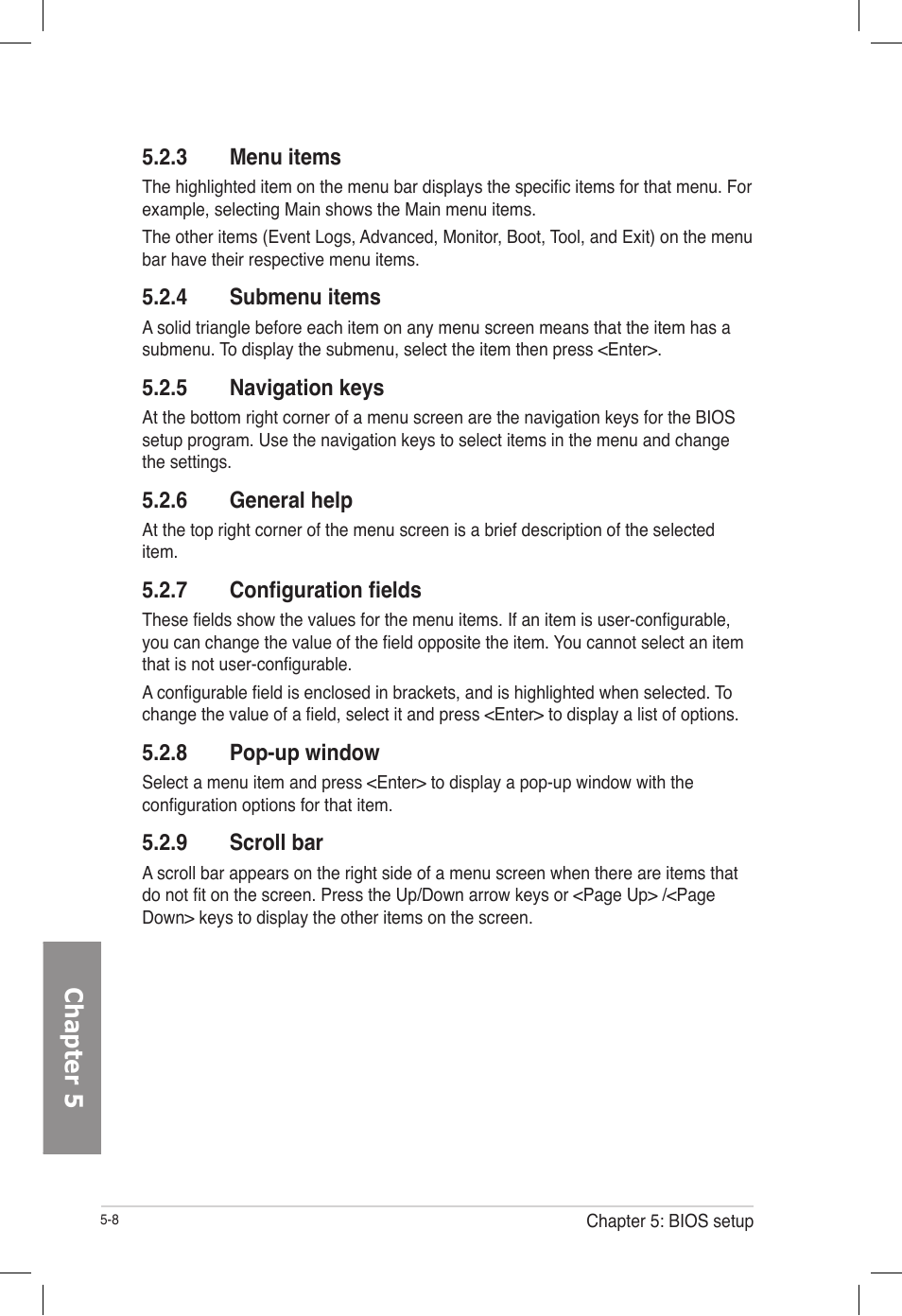 3 menu items, 4 submenu items, 5 navigation keys | 6 general help, 7 configuration fields, 8 pop-up window, 9 scroll bar, Menu items -8, Submenu items -8, Navigation keys -8 | Asus TS700-E7/RS8 User Manual | Page 78 / 198