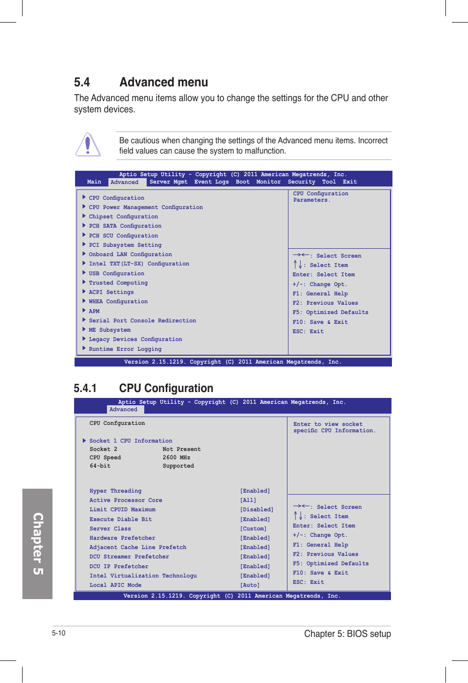 4 advanced menu, 1 cpu configuration, Advanced menu -10 5.4.1 | Cpu configuration -10, Chapter 5 5.4 advanced menu, Chapter 5: bios setup | Asus TS700-E7/RS8 User Manual | Page 80 / 198