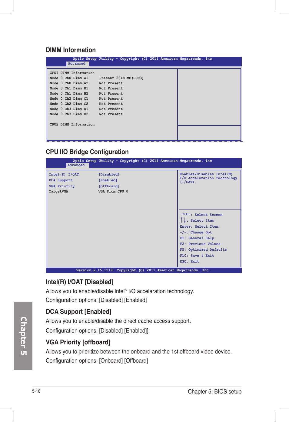 Chapter 5, Intel(r) i/oat [disabled, Dca support [enabled | Vga priority [offboard, Cpu iio bridge configuration dimm information, Chapter 5: bios setup, Allows you to enable/disable intel | Asus TS700-E7/RS8 User Manual | Page 88 / 198