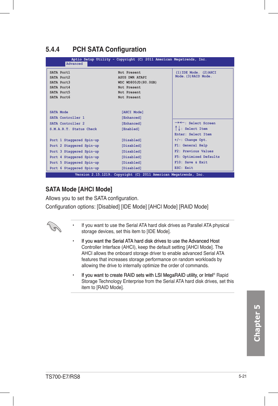 4 pch sata configuration, Pch sata configuration -21, Chapter 5 | Sata mode [ahci mode | Asus TS700-E7/RS8 User Manual | Page 91 / 198