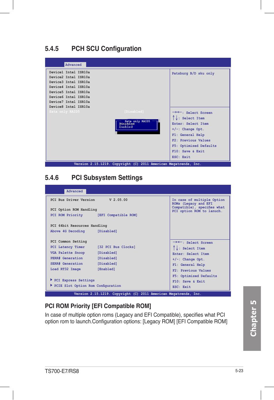 5 pch scu configuration, 6 pci subsystem settings, Pch scu configuration -23 | Pci subsystem settings -23, Chapter 5, Pci rom priority [efi compatible rom | Asus TS700-E7/RS8 User Manual | Page 93 / 198