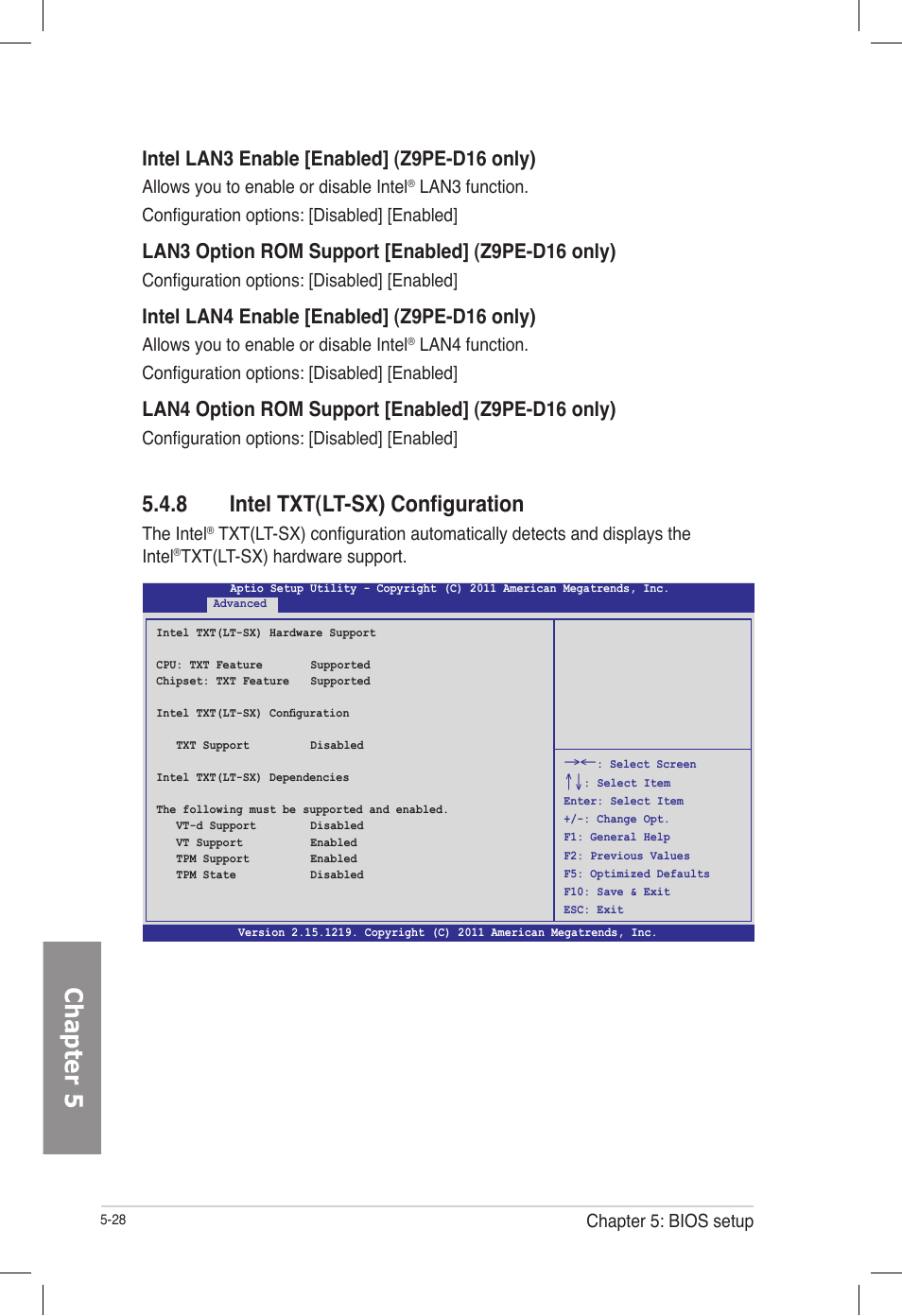 8 intel txt(lt-sx) configuration, Intel txt(lt-sx) configuration -28, Chapter 5 | Intel lan3 enable [enabled] (z9pe-d16 only), Lan3 option rom support [enabled] (z9pe-d16 only), Intel lan4 enable [enabled] (z9pe-d16 only), Lan4 option rom support [enabled] (z9pe-d16 only) | Asus TS700-E7/RS8 User Manual | Page 98 / 198