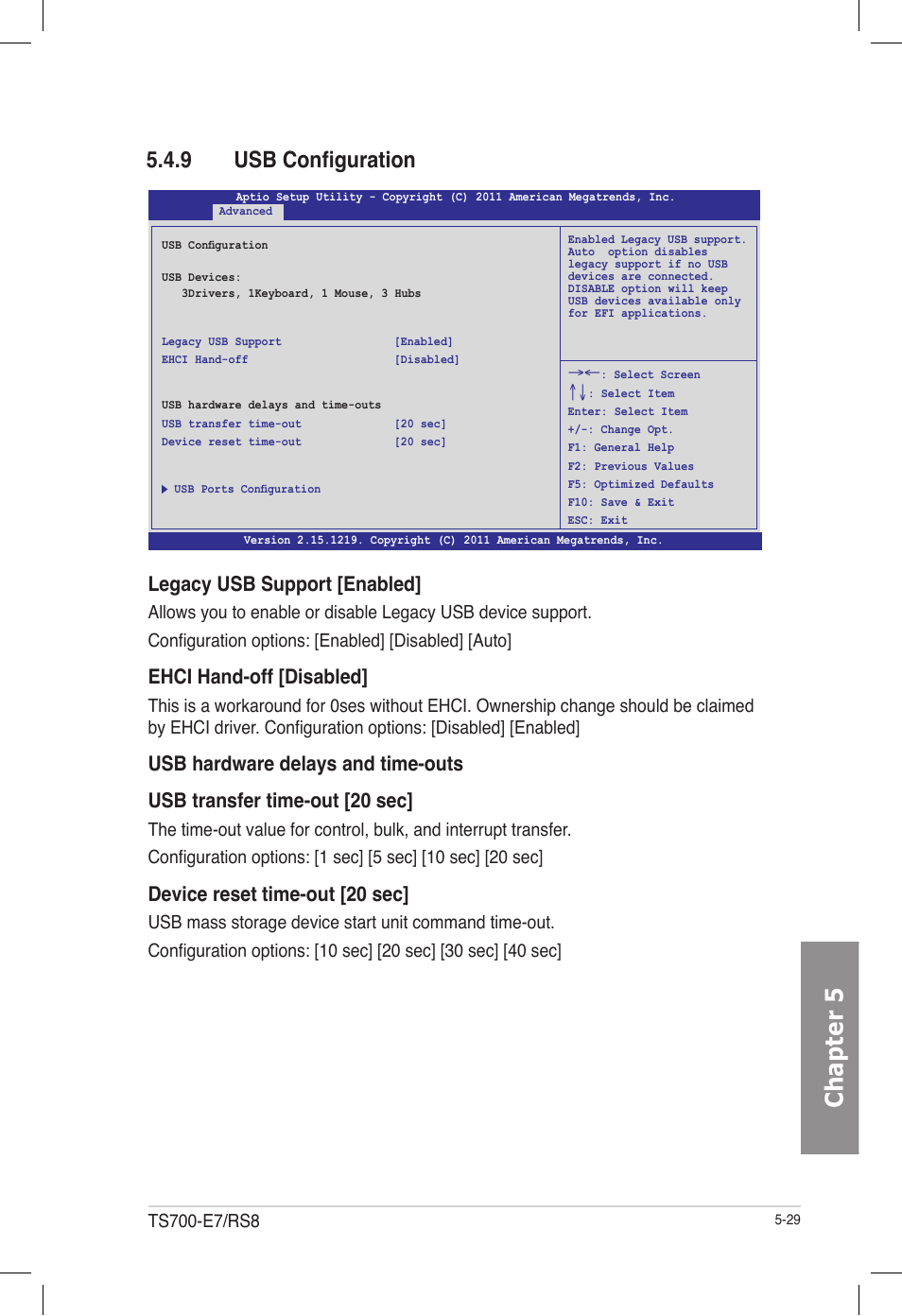 9 usb configuration, Usb configuration -29, Chapter 5 | Legacy usb support [enabled, Ehci hand-off [disabled, Device reset time-out [20 sec | Asus TS700-E7/RS8 User Manual | Page 99 / 198