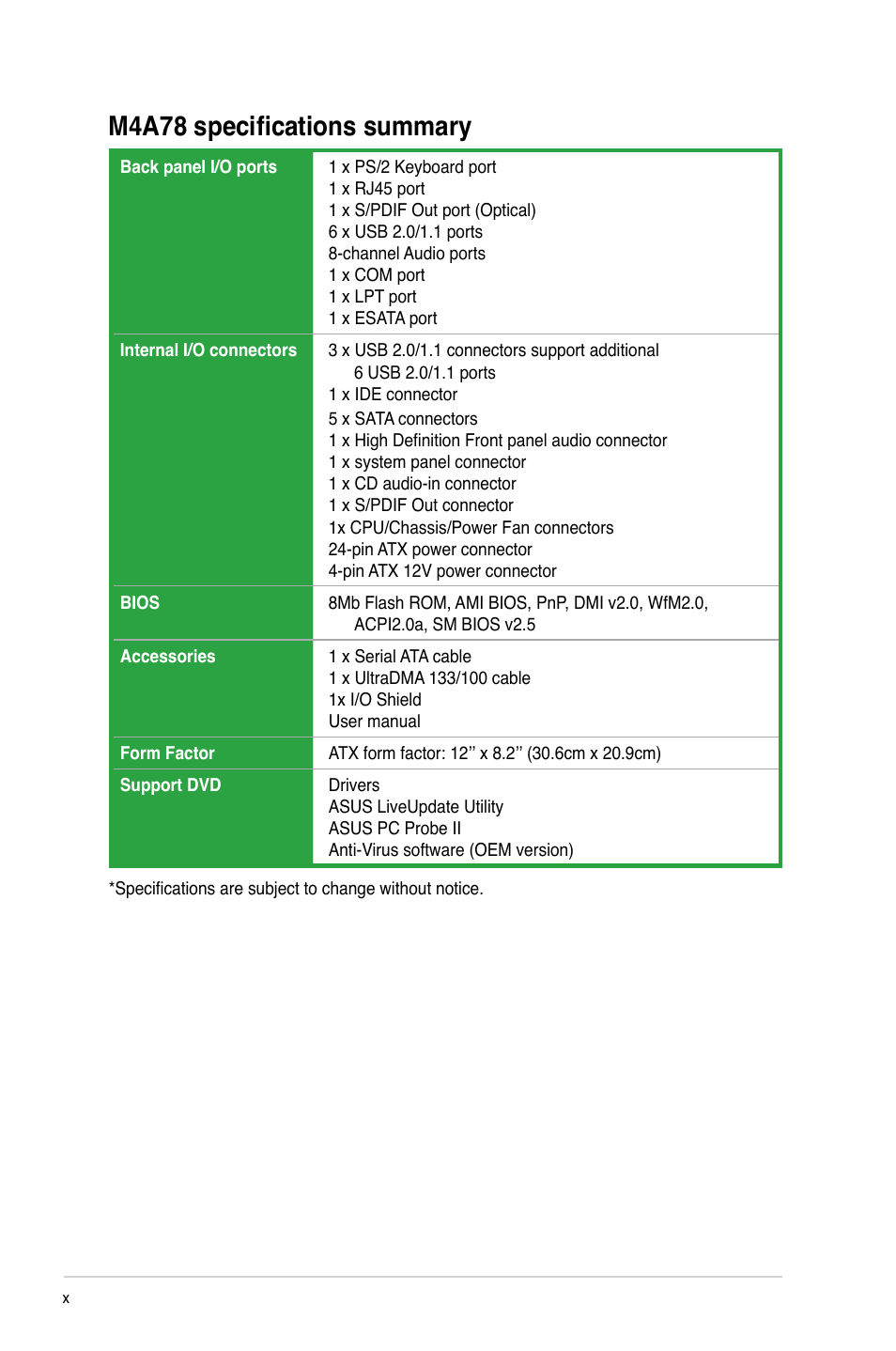 M4a78 specifications summary | Asus M4A78 User Manual | Page 10 / 62