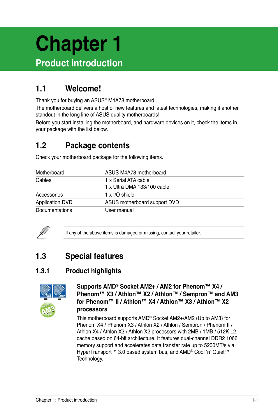 Chapter 1, 1 welcome, 2 package contents | 3 special features, 1 product highlights, Product introduction, Welcome! -1, Package contents -1, Special features -1 1.3.1, Product highlights -1 | Asus M4A78 User Manual | Page 11 / 62