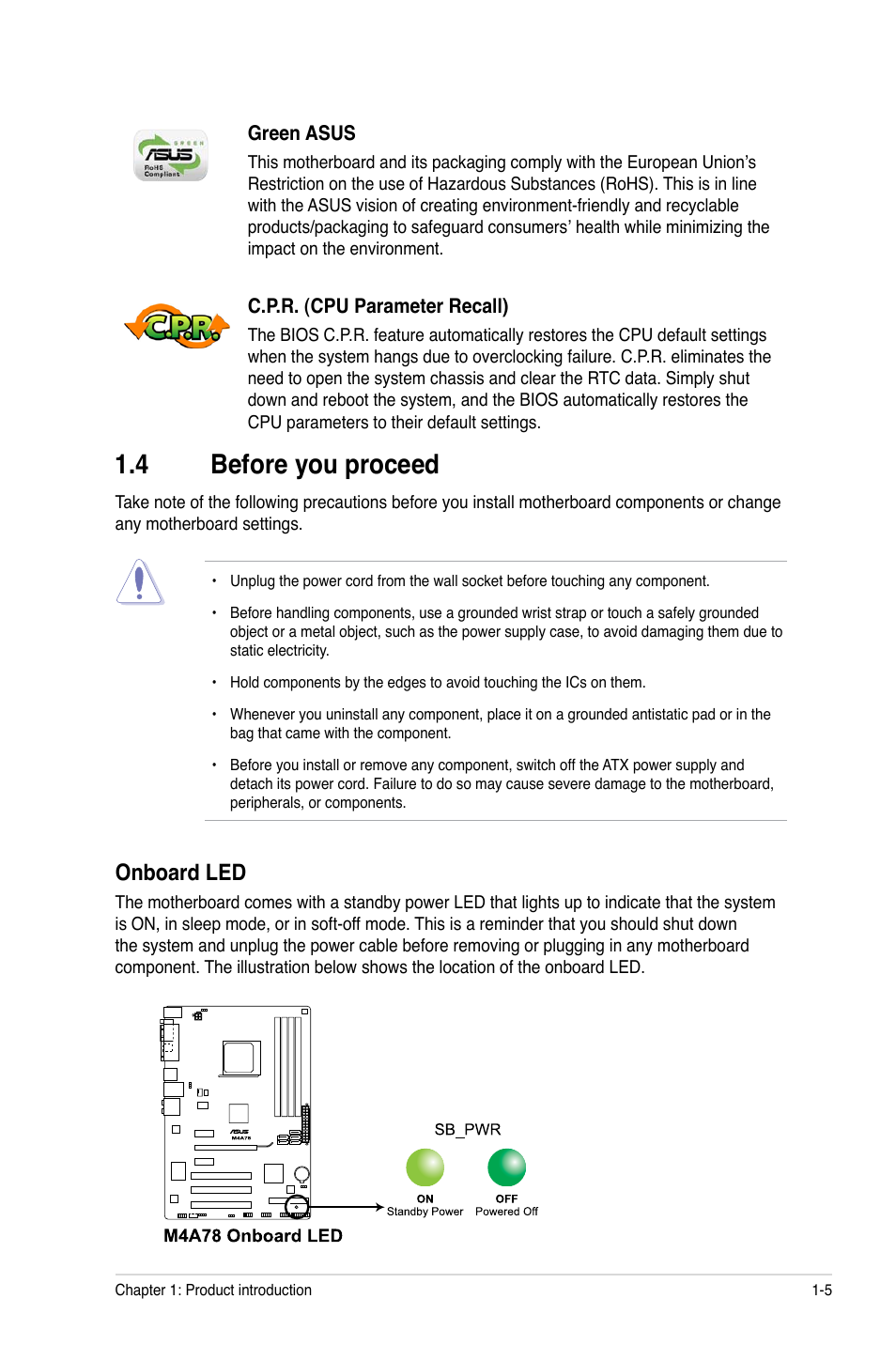 4 before you proceed, Onboard led, Before you proceed -5 onboard led -5 | Asus M4A78 User Manual | Page 15 / 62