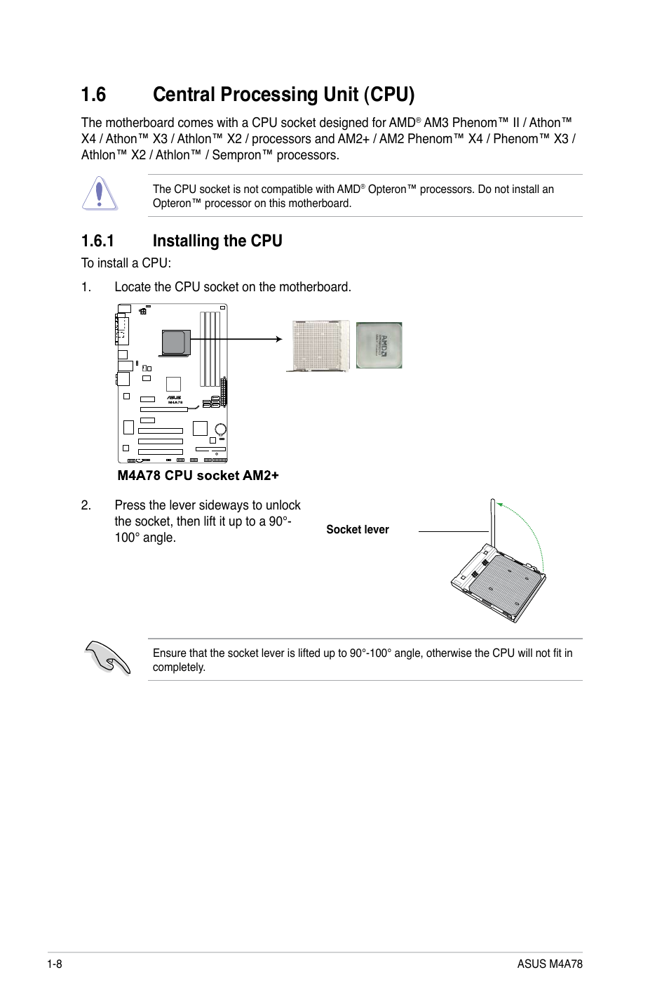 6 central processing unit (cpu), 1 installing the cpu, Central processing unit (cpu) -8 1.6.1 | Installing the cpu -8 | Asus M4A78 User Manual | Page 18 / 62