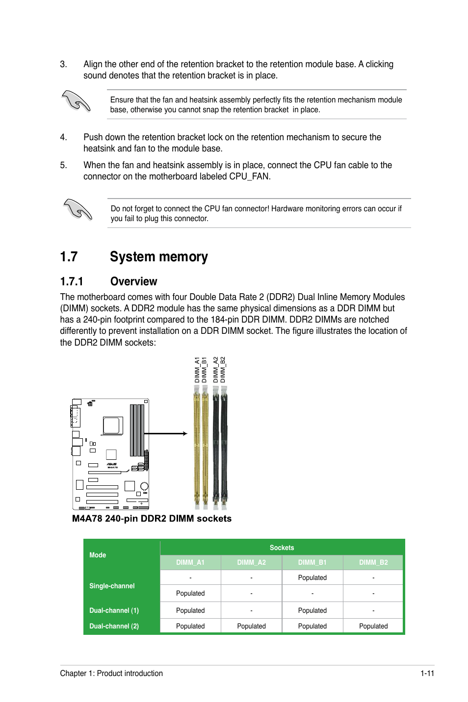 7 system memory, 1 overview, System memory -11 1.7.1 | Overview -11 | Asus M4A78 User Manual | Page 21 / 62