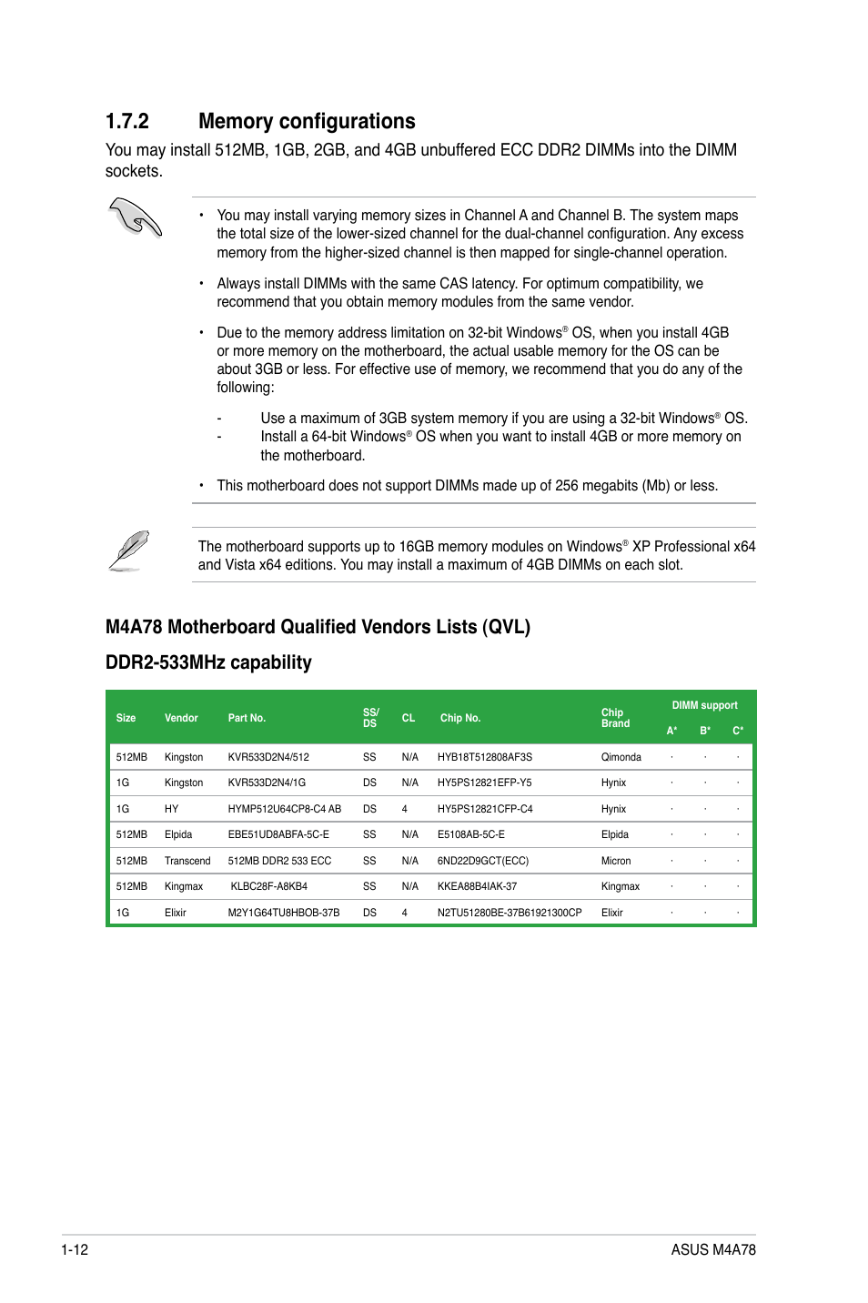 2 memory configurations, Memory configurations -12 | Asus M4A78 User Manual | Page 22 / 62