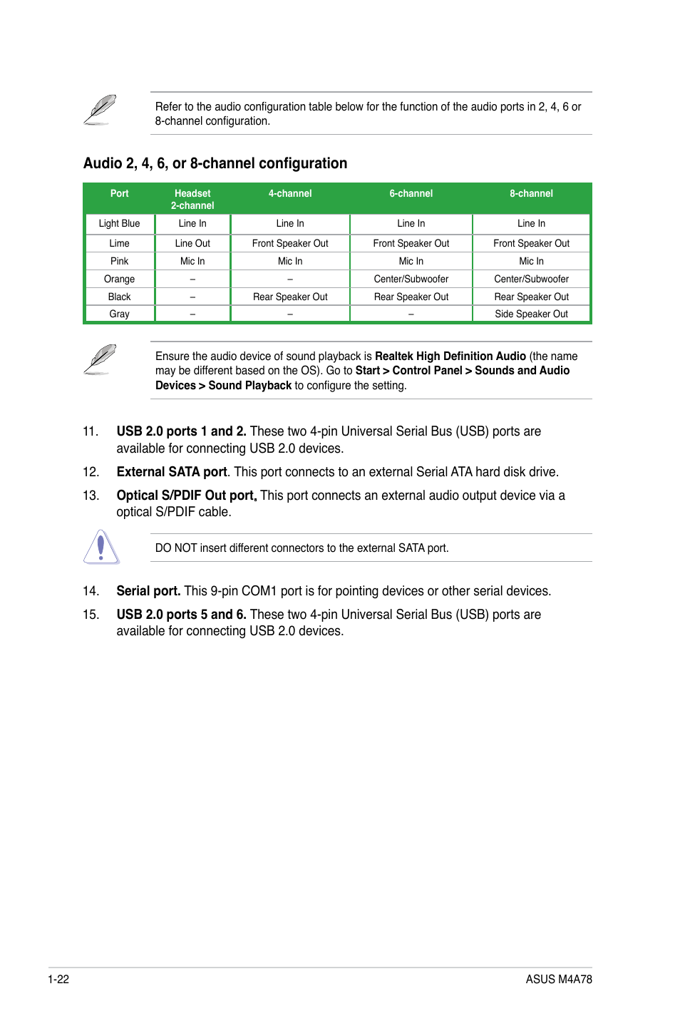 Audio 2, 4, 6, or 8-channel configuration | Asus M4A78 User Manual | Page 32 / 62