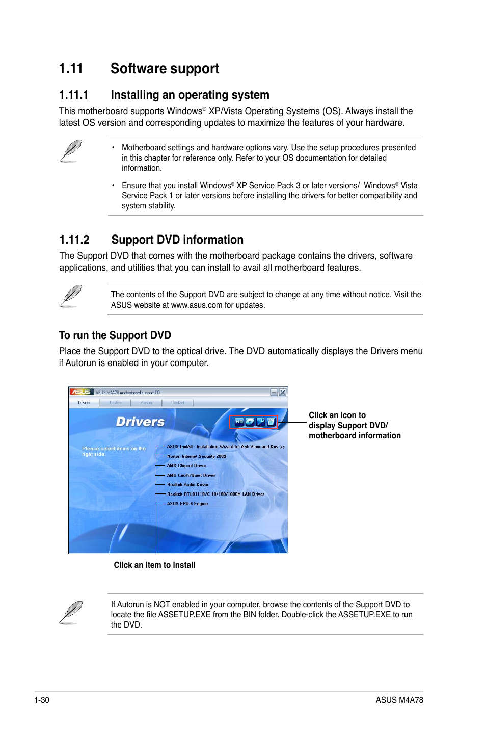 11 software support, 1 installing an operating system, 2 support dvd information | 11 software support -30 | Asus M4A78 User Manual | Page 40 / 62