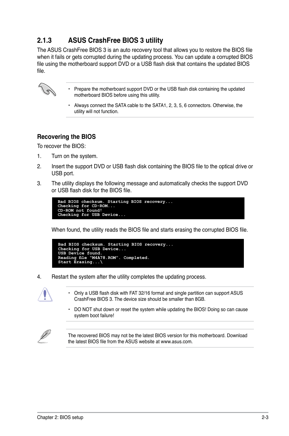 3 asus crashfree bios 3 utility, Asus crashfree bios 3 utility -3, Recovering the bios | Asus M4A78 User Manual | Page 43 / 62