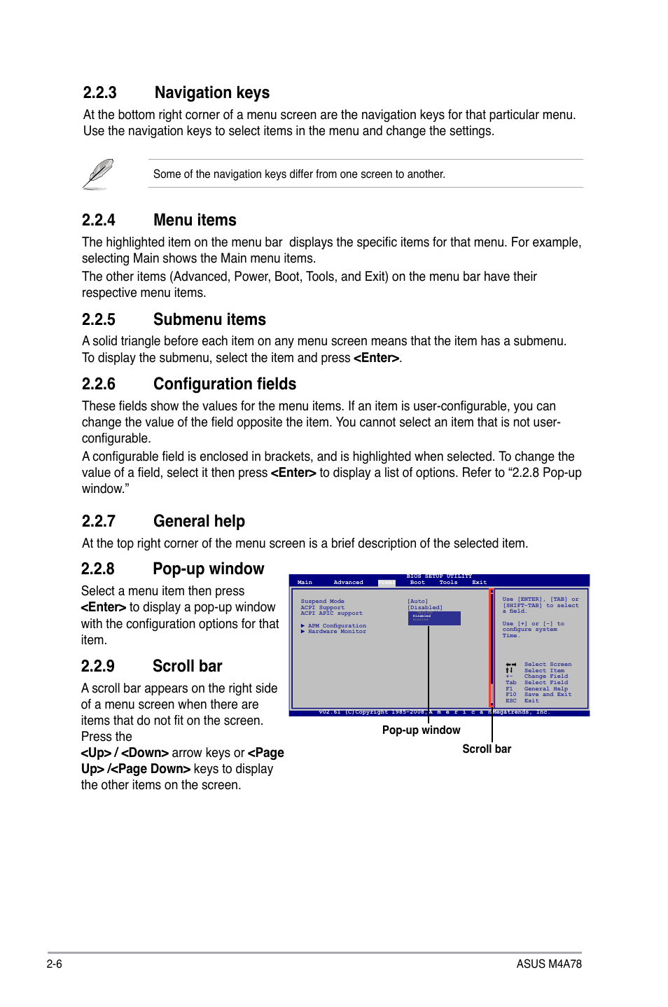 3 navigation keys, 4 menu items, 5 submenu items | 6 configuration fields, 7 general help, 8 pop-up window, 9 scroll bar, Navigation keys -6, Menu items -6, Submenu items -6 | Asus M4A78 User Manual | Page 46 / 62