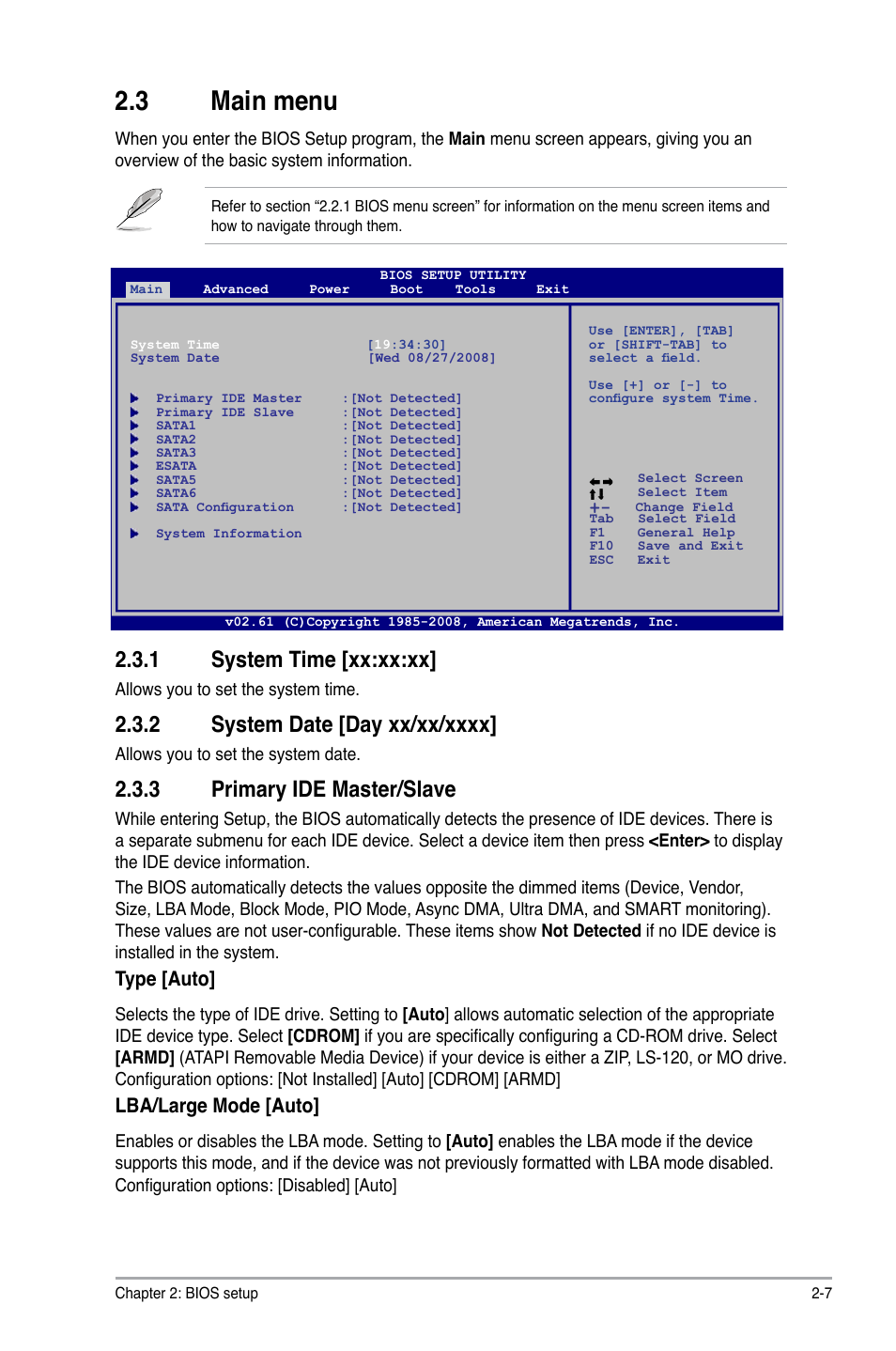 3 main menu, 1 system time, 2 system date | 3 primary ide master/slave, Main menu -7 2.3.1, System time -7, System date -7, Primary ide master/slave -7, 1 system time [xx:xx:xx, Type [auto | Asus M4A78 User Manual | Page 47 / 62
