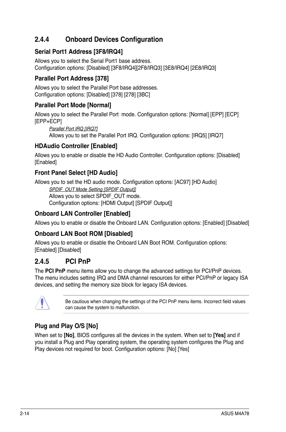 4 onboard devices configuration, 5 pci pnp, Onboard devices configuration -14 | Pci pnp -14 | Asus M4A78 User Manual | Page 54 / 62