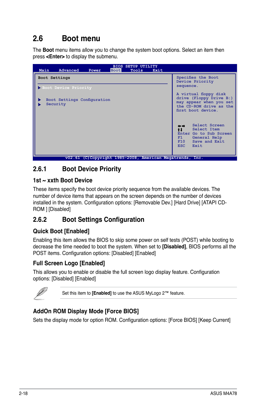 6 boot menu, 1 boot device priority, 2 boot settings configuration | Boot menu -18 2.6.1, Boot device priority -18, Boot settings configuration -18, 1st ~ xxth boot device, Addon rom display mode [force bios, Quick boot [enabled, Full screen logo [enabled | Asus M4A78 User Manual | Page 58 / 62