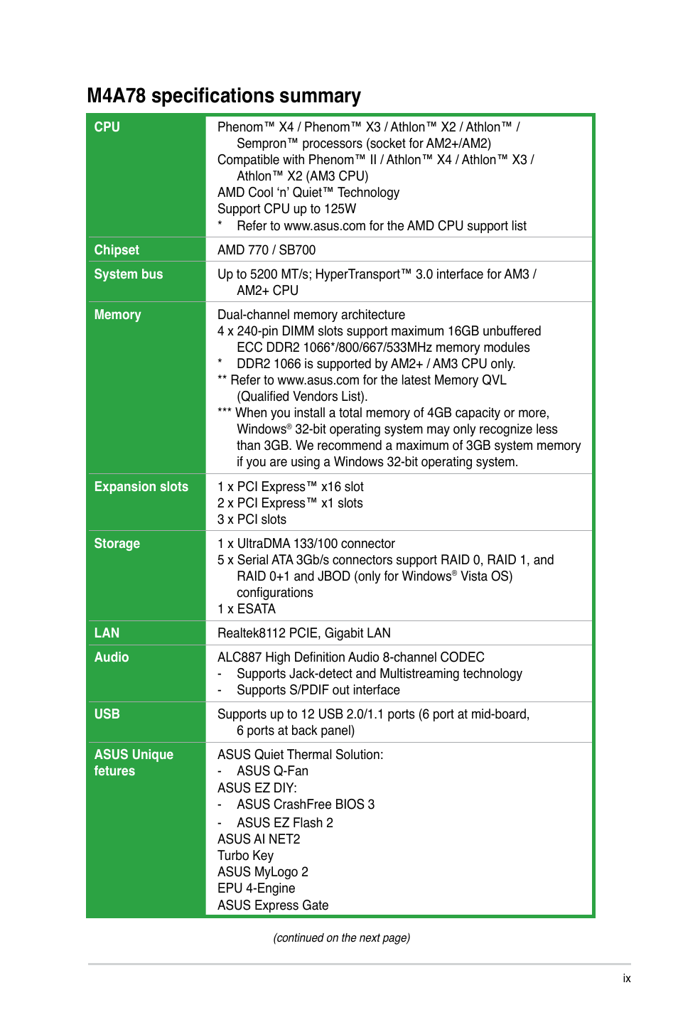 M4a78 specifications summary | Asus M4A78 User Manual | Page 9 / 62