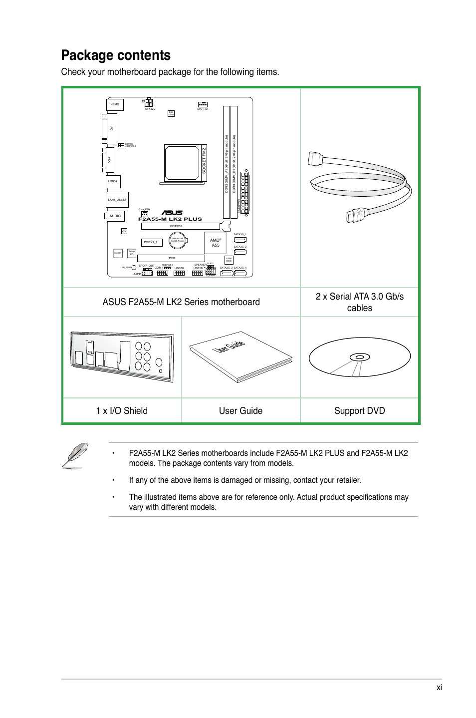 Package contents, User guide, 1 x i/o shield user guide support dvd | Asus F2A55-M LK2 PLUS User Manual | Page 11 / 76