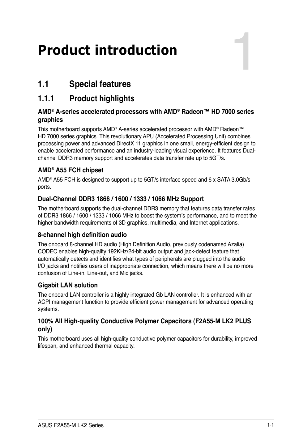 Product introduction, 1 special features | Asus F2A55-M LK2 PLUS User Manual | Page 13 / 76