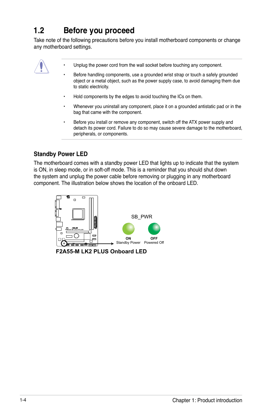 2 before you proceed, Standby power led | Asus F2A55-M LK2 PLUS User Manual | Page 16 / 76