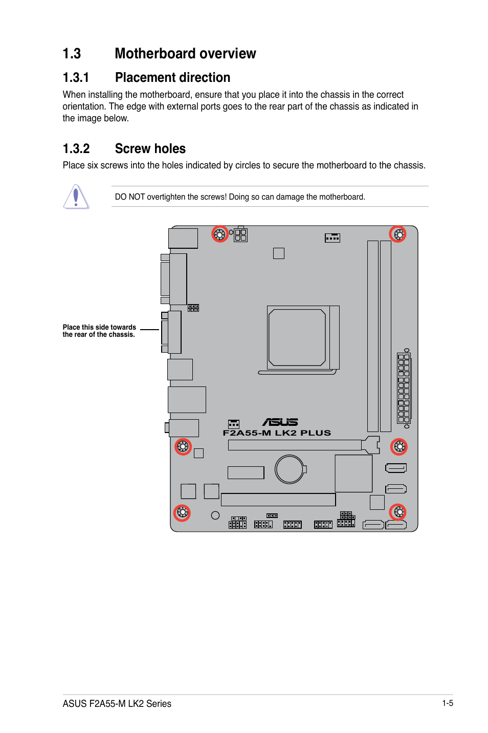 3 motherboard overview, 1 placement direction, 2 screw holes | Asus F2A55-M LK2 PLUS User Manual | Page 17 / 76