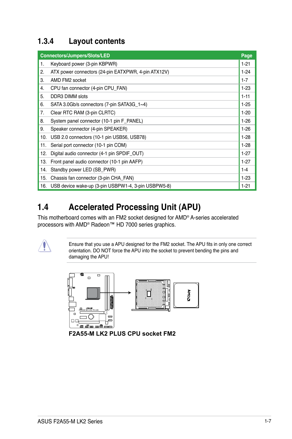 4 accelerated processing unit (apu), 4 layout contents | Asus F2A55-M LK2 PLUS User Manual | Page 19 / 76