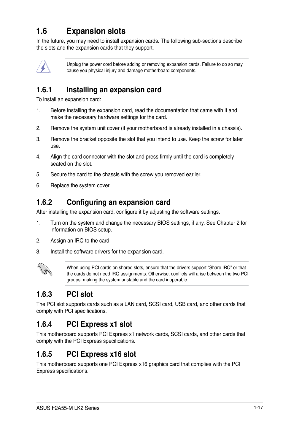 6 expansion slots, 1 installing an expansion card, 3 pci slot | 2 configuring an expansion card, 4 pci express x1 slot, 5 pci express x16 slot | Asus F2A55-M LK2 PLUS User Manual | Page 29 / 76