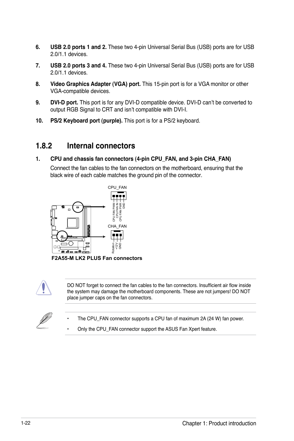 2 internal connectors, Chapter 1: product introduction | Asus F2A55-M LK2 PLUS User Manual | Page 34 / 76