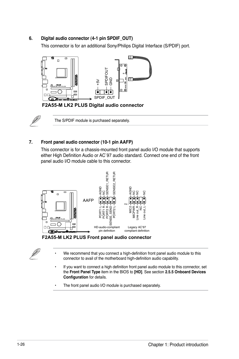 F2a55-m lk2 plus digital audio connector, Chapter 1: product introduction, F2a55-m lk2 plus front panel audio connector | Asus F2A55-M LK2 PLUS User Manual | Page 38 / 76