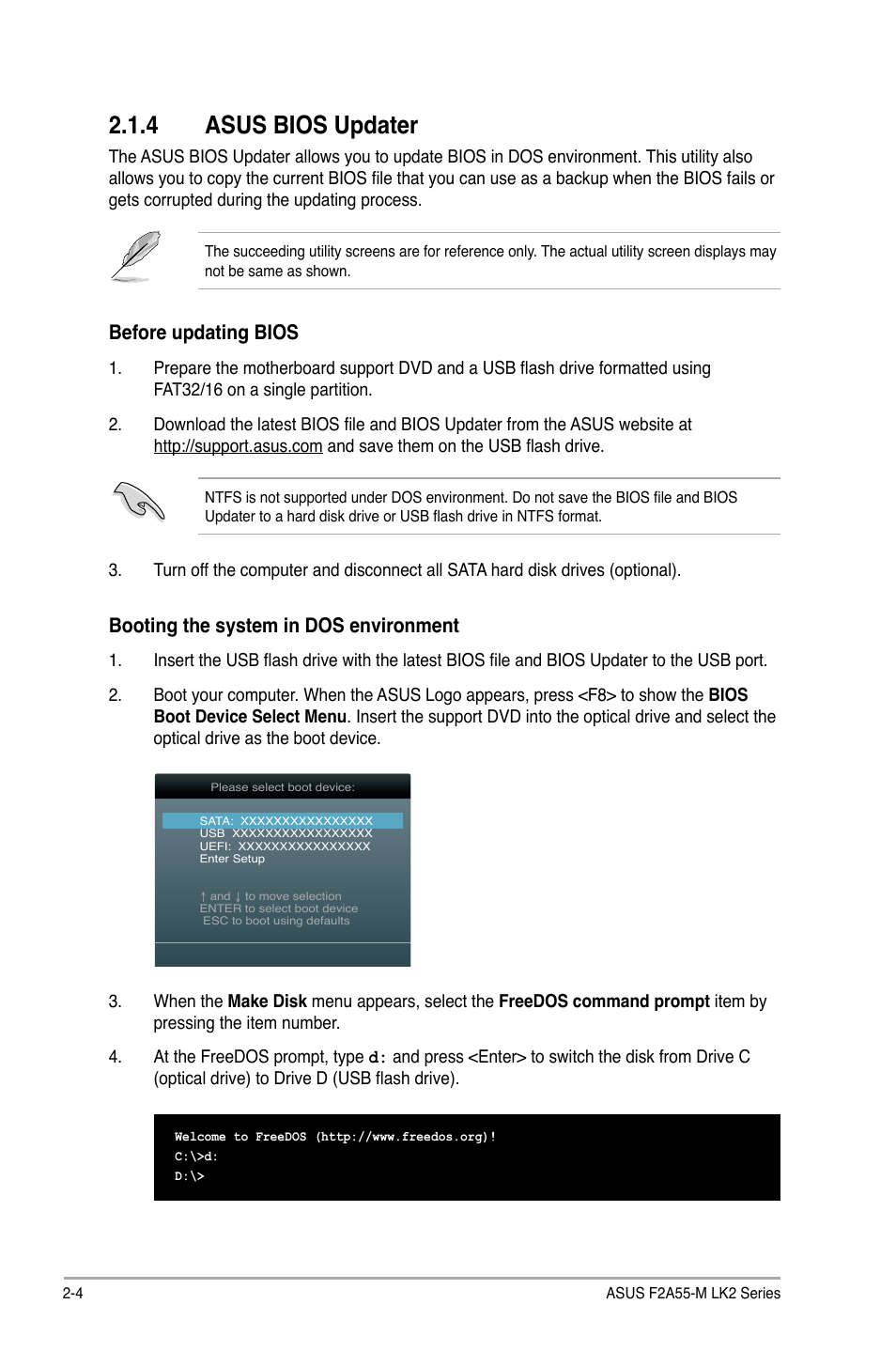 4 asus bios updater, Before updating bios, Booting the system in dos environment | Asus F2A55-M LK2 PLUS User Manual | Page 44 / 76