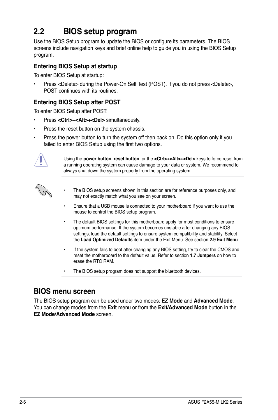 2 bios setup program, Bios menu screen | Asus F2A55-M LK2 PLUS User Manual | Page 46 / 76