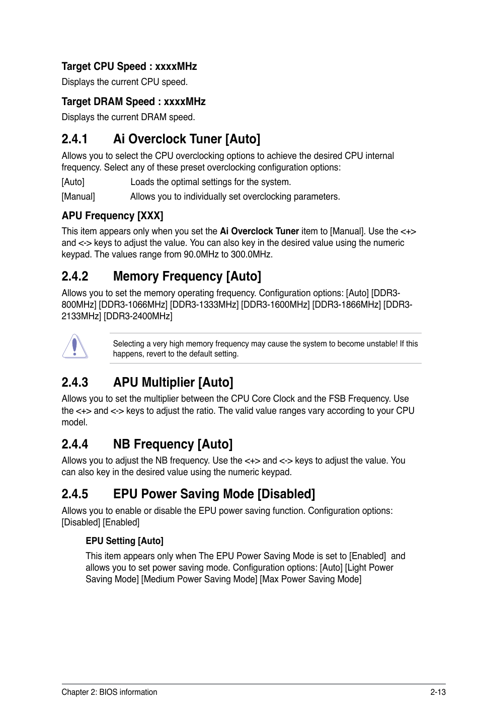 1 ai overclock tuner [auto, 3 apu multiplier [auto, 4 nb frequency [auto | 5 epu power saving mode [disabled | Asus F2A55-M LK2 PLUS User Manual | Page 53 / 76