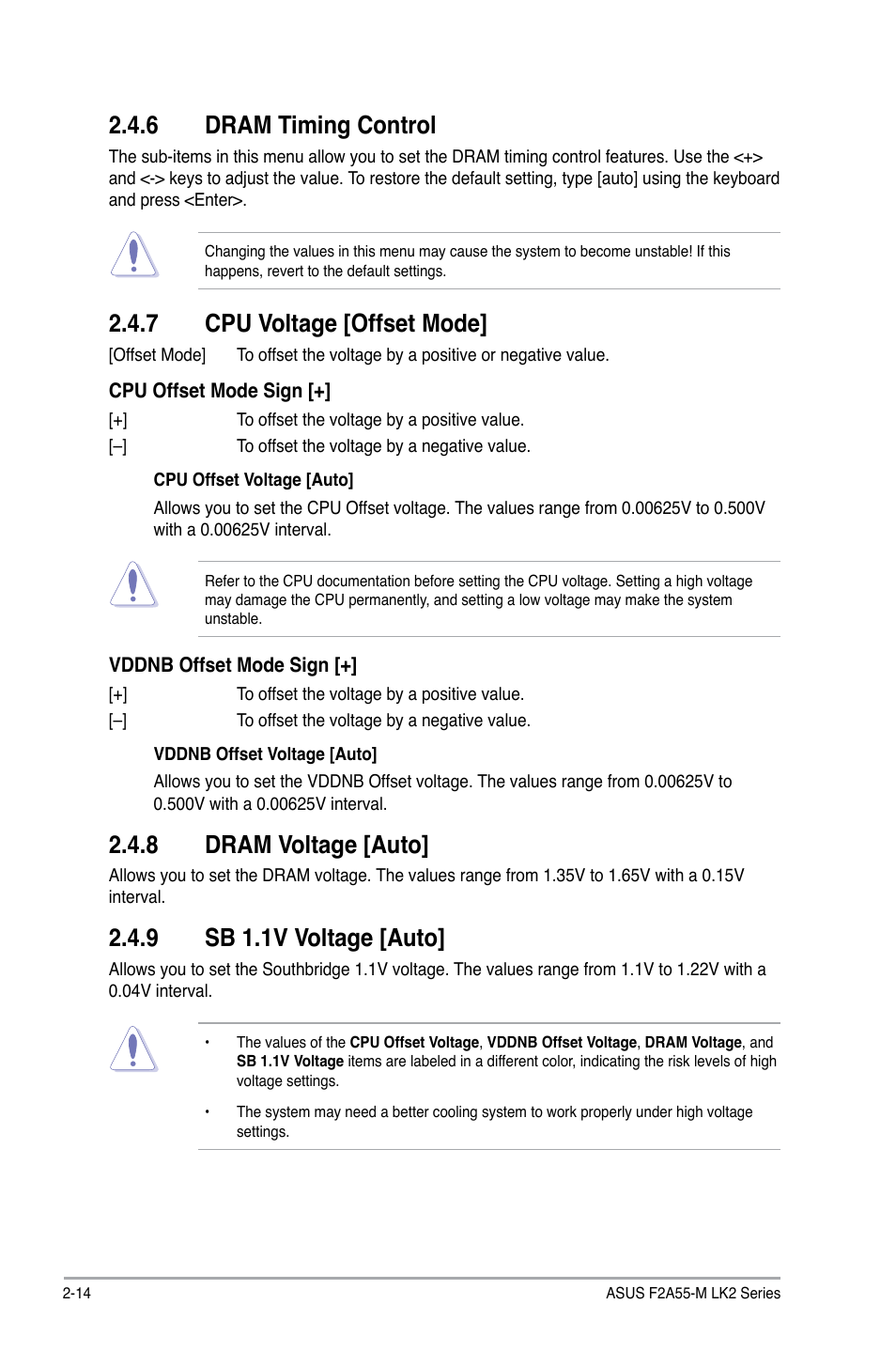 6 dram timing control, 7 cpu voltage [offset mode, 8 dram voltage [auto | 9 sb 1.1v voltage [auto | Asus F2A55-M LK2 PLUS User Manual | Page 54 / 76