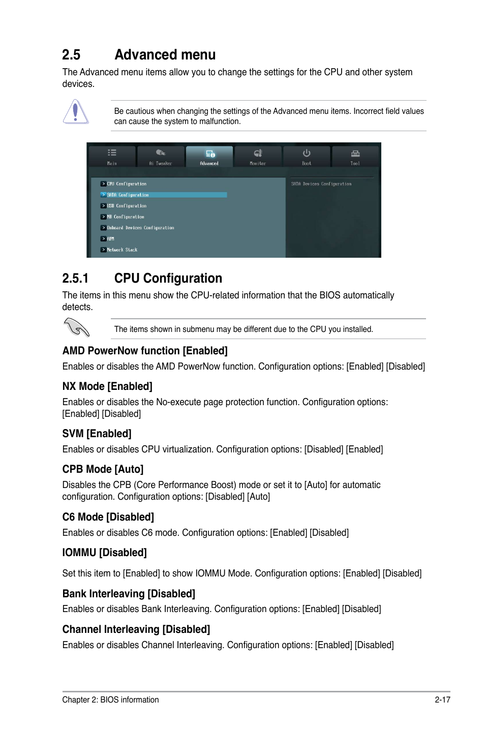 5 advanced menu, 1 cpu configuration | Asus F2A55-M LK2 PLUS User Manual | Page 57 / 76