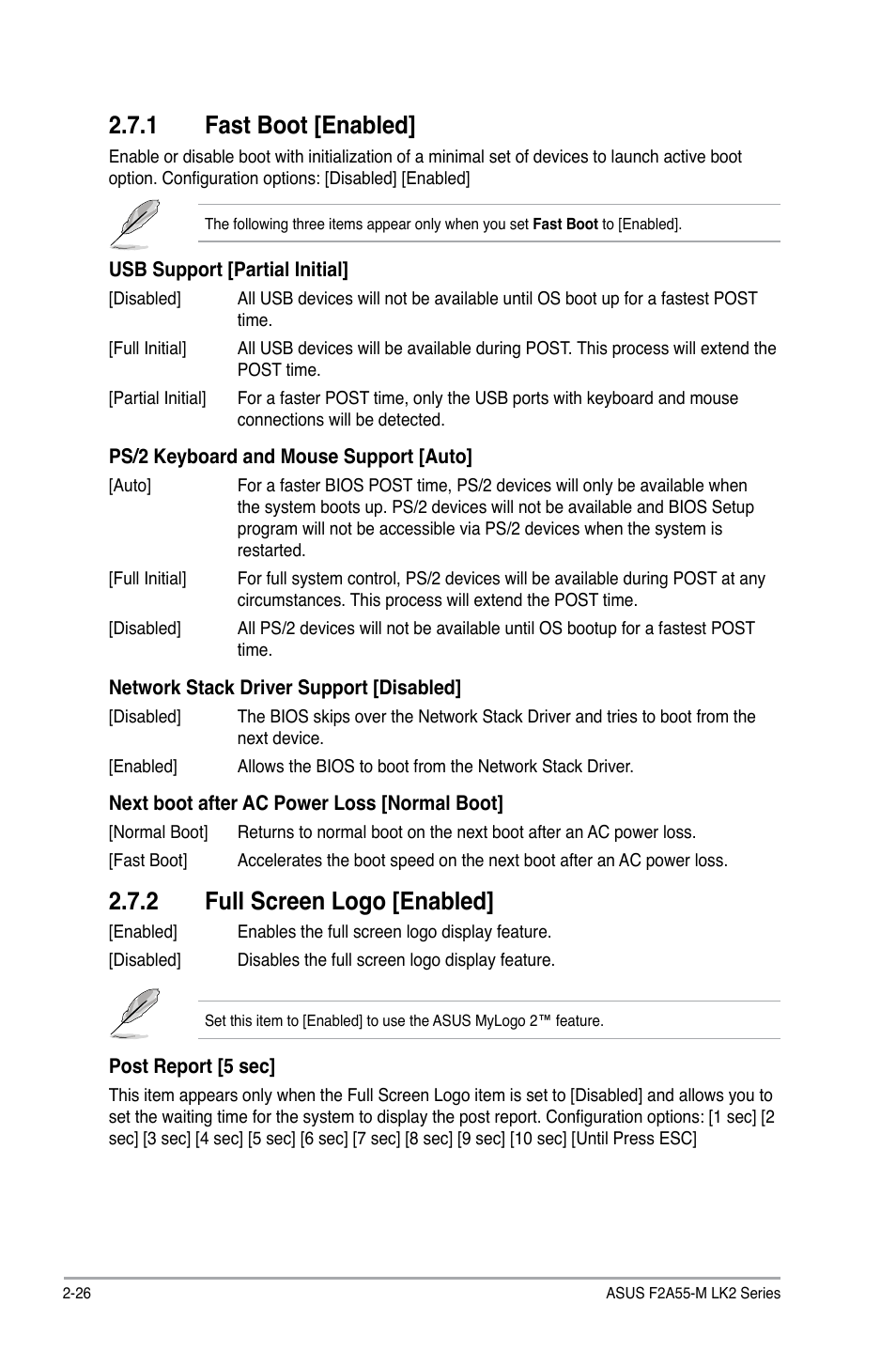 1 fast boot [enabled, 2 full screen logo [enabled | Asus F2A55-M LK2 PLUS User Manual | Page 66 / 76