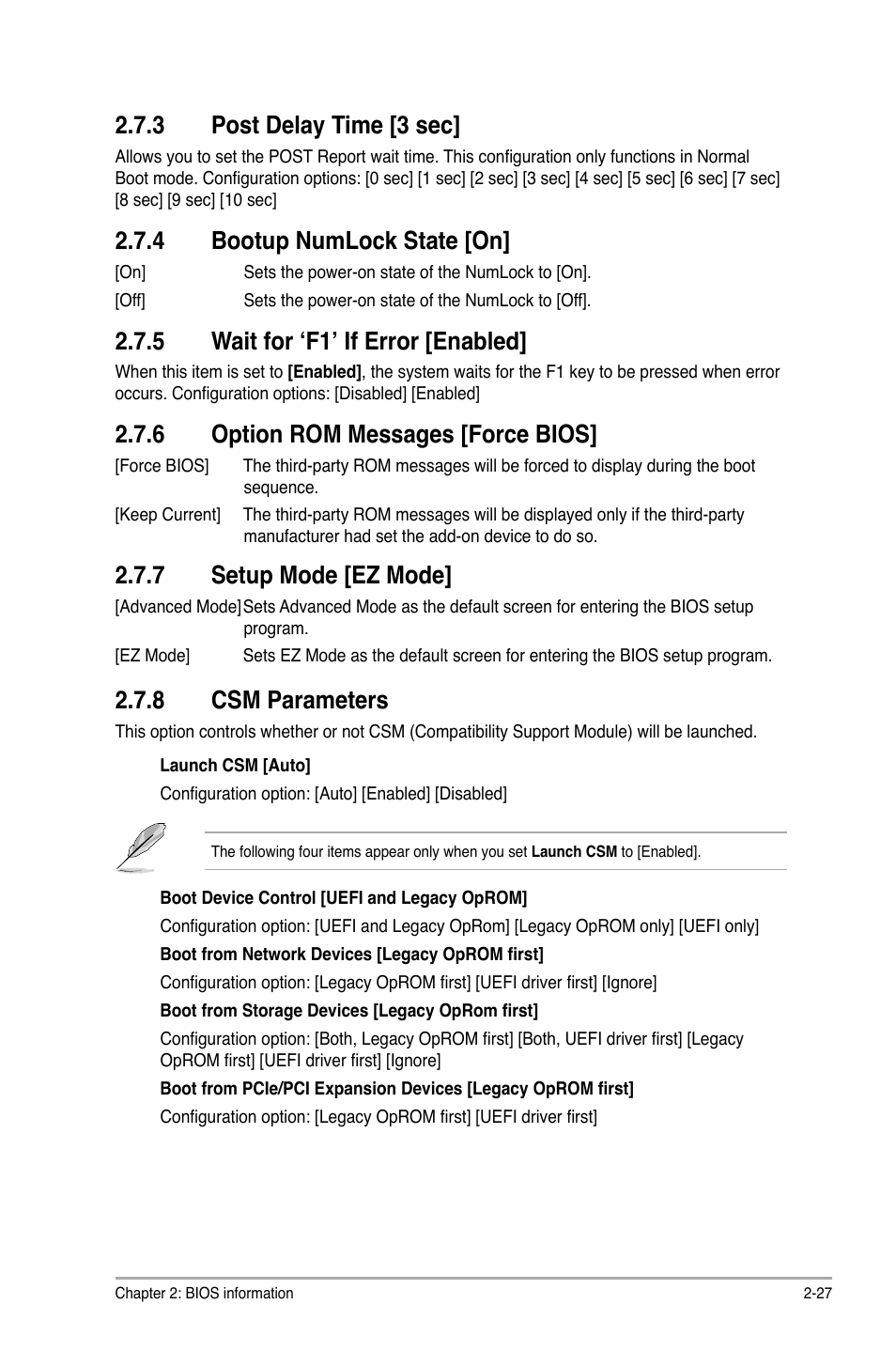 3 post delay time [3 sec, 4 bootup numlock state [on, 5 wait for ‘f1’ if error [enabled | 6 option rom messages [force bios, 7 setup mode [ez mode, 8 csm parameters | Asus F2A55-M LK2 PLUS User Manual | Page 67 / 76