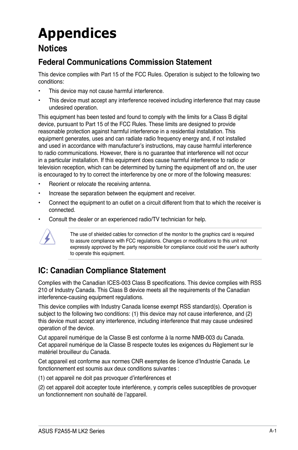 Appendices, Notices, Federal communications commission statement | Ic: canadian compliance statement | Asus F2A55-M LK2 PLUS User Manual | Page 73 / 76